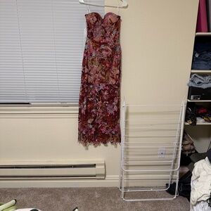 Burgundy Strapless Floral Embroidered Midi Dress